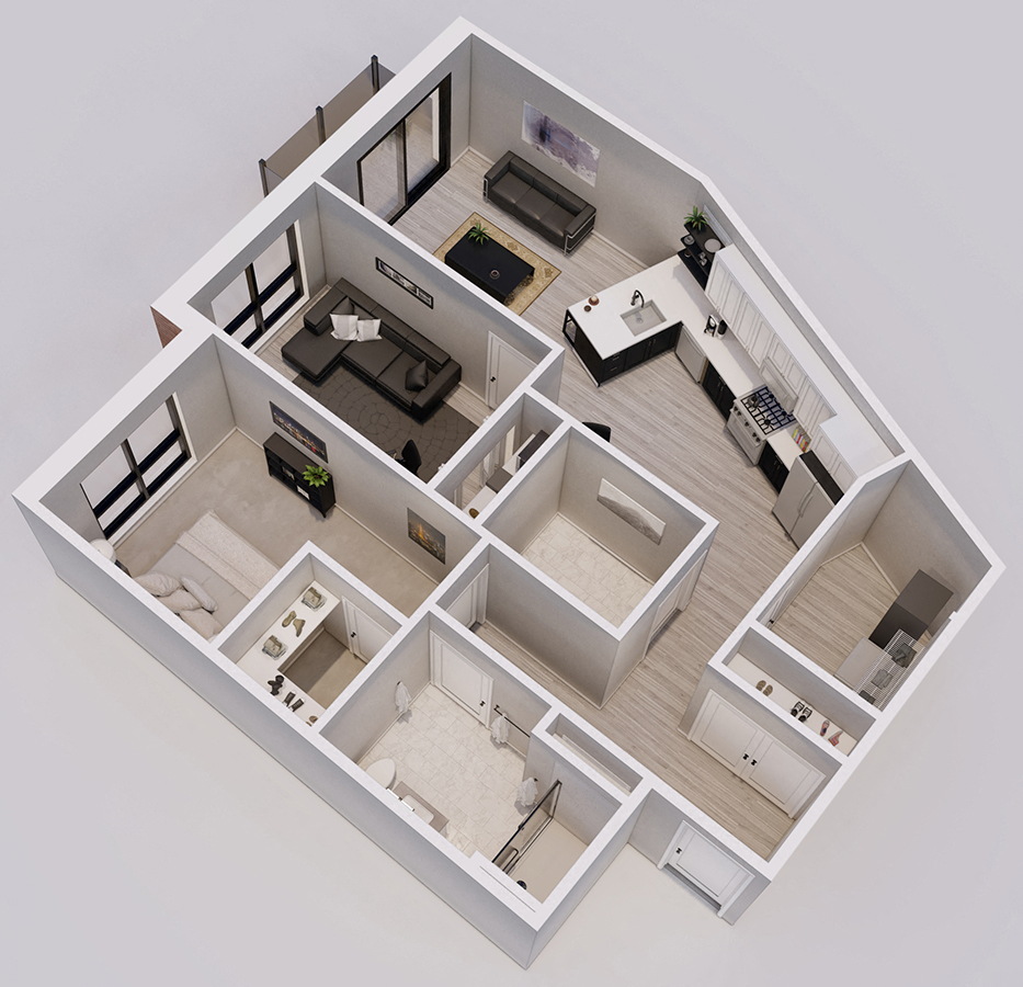 Floor plan for 1 bed, 1.5 baths, 1021 sqft